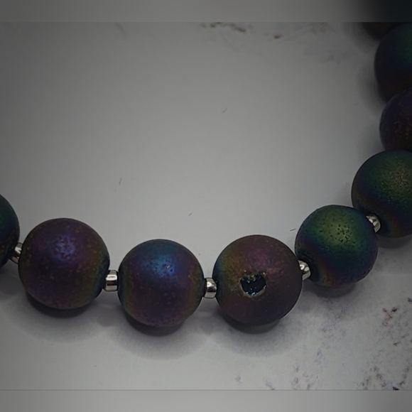 Rainbow Druzy Agate Galaxy smooth round stretch bracelet silver DesignFreeSpirit - Picture 3 of 7